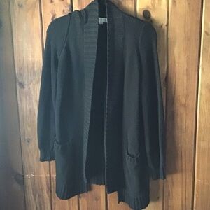 LOFT Black Ribbed Cardigan Sweater Size S Chunky Slouchy Pockets Open Front